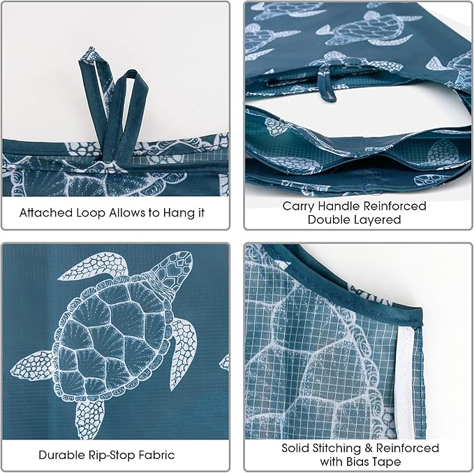 BeeGreen Turtle Gifts Reusable Grocery Bags - Large 6 Pack Tote with Handles Foldable & Machine Washable Polyester - Shopping Baskets with Pouch for Women (Collapsible Animal Design Gift)-NeatNest