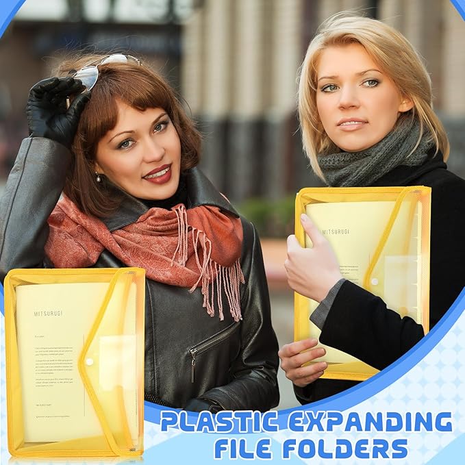 4 Pack A4 Expanding Plastic File Folders Waterproof Document Organizer with Snap Button Multiple Pockets, Office Home Office Storage (Yellow)