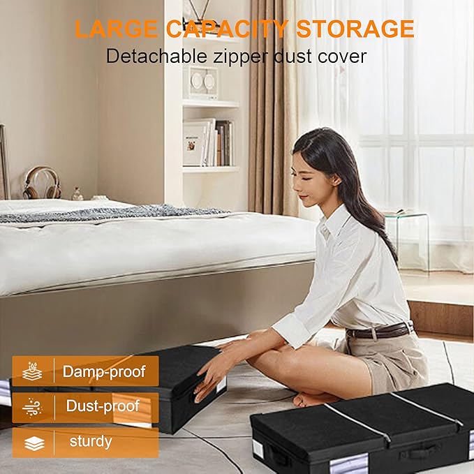 Under Bed Storage Containers, Black Large Capacity Closet Organizer for Blanket, Clothing, Comforter, Pillows, Ultra-thick Breathable Zippered Storage Bag-NeatNest