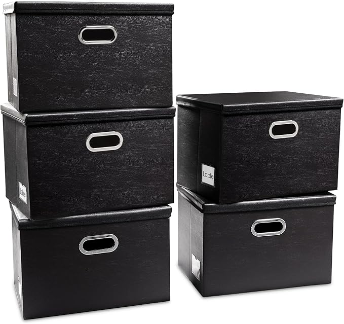 PRANDOM Large Stackable Storage Boxes with Lids [5-Pack] Leather Fabric Foldable Storage Bins Organizer Containers Baskets Cubes with Cover for Bedroom Closet Office Nursery Black(17.7x11.8x11.8)-NeatNest