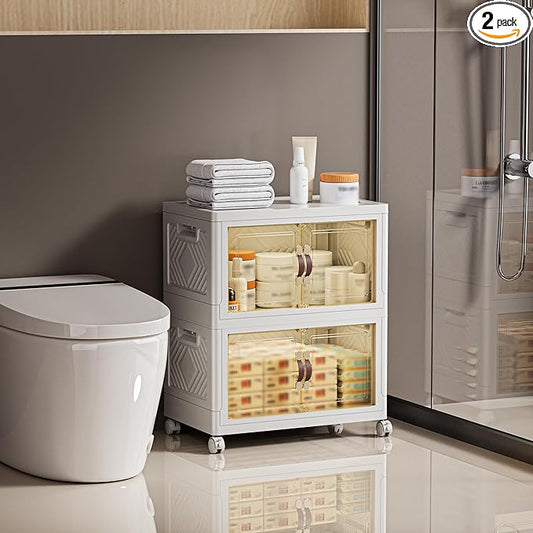 132 QT / 33 Gal White Storage Bins with 1 Lid - Collapsible Stackable Cabinet Organizer w/Wheels & Magnetic Doors, Plastic Storage Box for Office Closet Organization-NeatNest