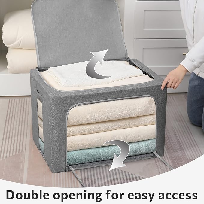 2 Pack Clear Window Storage Bins Large Foldable Fabric Storage Bins Boxes for Clothes Stackable Organizer Set with Carrying Handles19.7X 15.7X 12.6 Inches-NeatNest