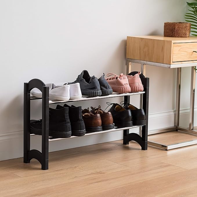 IRIS USA 2-Tier Shoe Rack, Up to 10 Pairs, 24" - 45" L Extendable Shoe Shelf, for Entryway Mudroom, Extendable Shoe Organizer for Closet, Stackable Shoe Storage, Metal Shoe Shelf for Small Space
