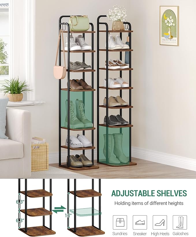 8 Tiers Vertical Shoe Rack, Narrow Shoe Tower, Tall Shoes Shelf with 2 Hooks, Adjustable Shelves, Corner Shoes Shelves for Small Spaces, Entryway, Living Room, Rustic Brown SR04301B-NeatNest