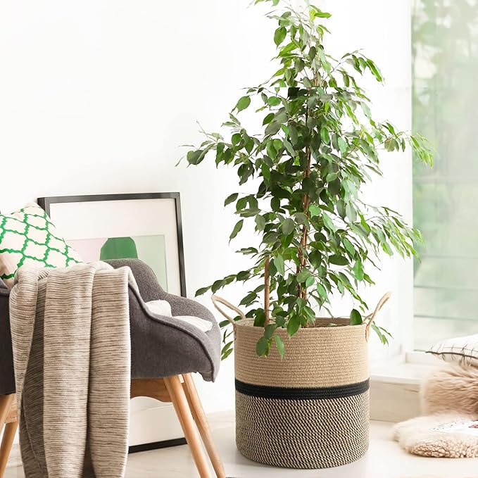 CHICVITA Extra Large Jute Woven Storage Basket with Handles – Laundry Basket Toy Towels Blanket Basket Home Decor Gift, 16" x 16", Black-NeatNest