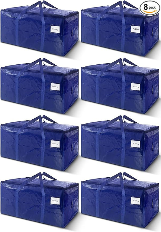 8 Pack Extra Heavy Duty Large Moving Bags with Strong Zipper & Carrying Handles, Sturdy Clothes Storage Bag Totes Bins, Packing Bags Moving Boxes College Moving Supplies, Dark Blue - 33 gal-NeatNest