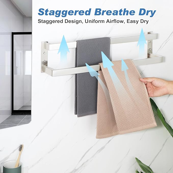 Alise Double Towel Bar 24", SUS304 Stainless Steel Towel Racks for Bathroom Wall Mounted, Heavy Duty Bathroom Towel Holder, Space Saving Towel Hanger, Brushed Nickel