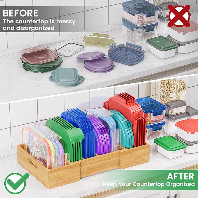Expandable Bamboo Lid Organizers Inside Cabinet, Kitchen Cabinet Organizers with 3 Adjustable Dividers, Storage Plastic Lids, Food Container Lid Holder Organizer for Drawer Pantry, Nature