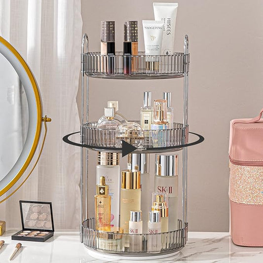 Rotating Makeup Organizer for Vanity, High-Capacity Skincare Clear Make Up Storage Perfume Organizers Cosmetic Dresser Organizer Countertop 360 Spinning (Gray, 3 Tier)-NeatNest