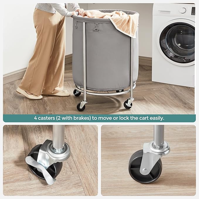 SONGMICS Laundry Basket with Wheels, Rolling Round Laundry Hamper Cart, 45 Gal. with Steel Frame and Removable Bag, 4 Casters and 2 Brakes, Gray and Metallic Silver URLS001G01