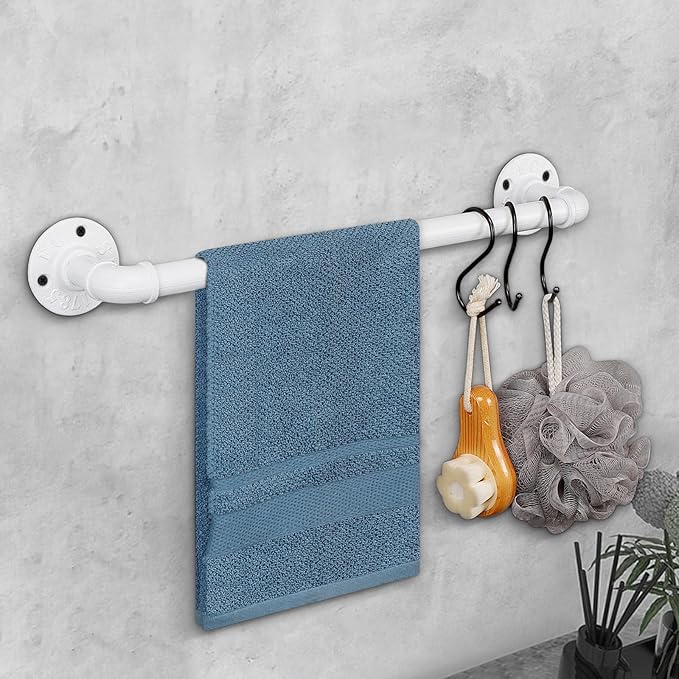Industrial Pipe Towel Rack Towel Bar, Heavy Duty Wall Mounted Rustic Farmhouse Bath Towel Holder for Bathroom (White, 16 inch)