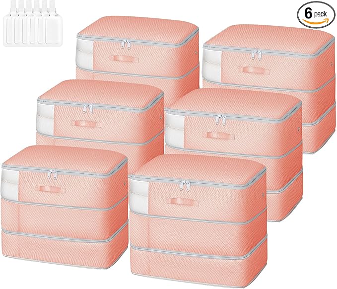 Comforter Storage Bag - Large Capacity Blanket Storage Bags 3-Layer Ultra Space Saving Self Compression Organizer, Washable Compression Bags for Storage Comforter Blanket, 6-Pack, Pink-NeatNest