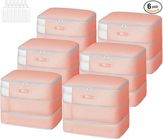 Comforter Storage Bag - Large Capacity Blanket Storage Bags 3-Layer Ultra Space Saving Self Compression Organizer, Washable Compression Bags for Storage Comforter Blanket, 6-Pack, Pink-NeatNest