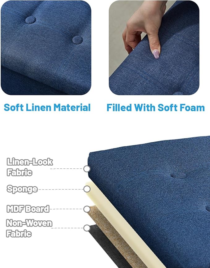 AmasSmile Storage Ottoman Folding Foot Rest Stool, 17 inch Linen Footstool Bench, Short Ottoman Bench, Storage Foot Rest Store, Books, Light Blue