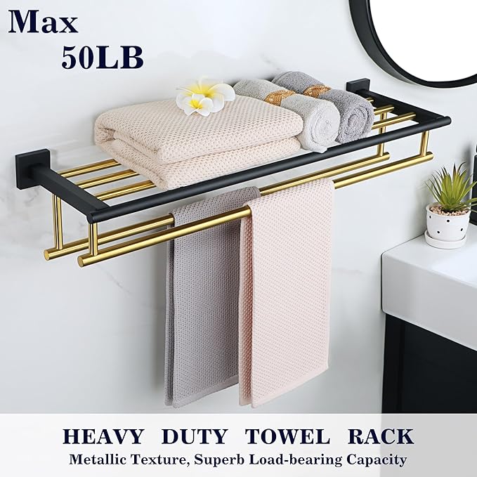 Alise Towel Rack,Towel Hanger with Double Towel Bars,Wall Mount Tower Holder for Bathroom and Lavatory,SUS 304 Stainless Steel Towel Shelf,Gold and Finish,32 Inch