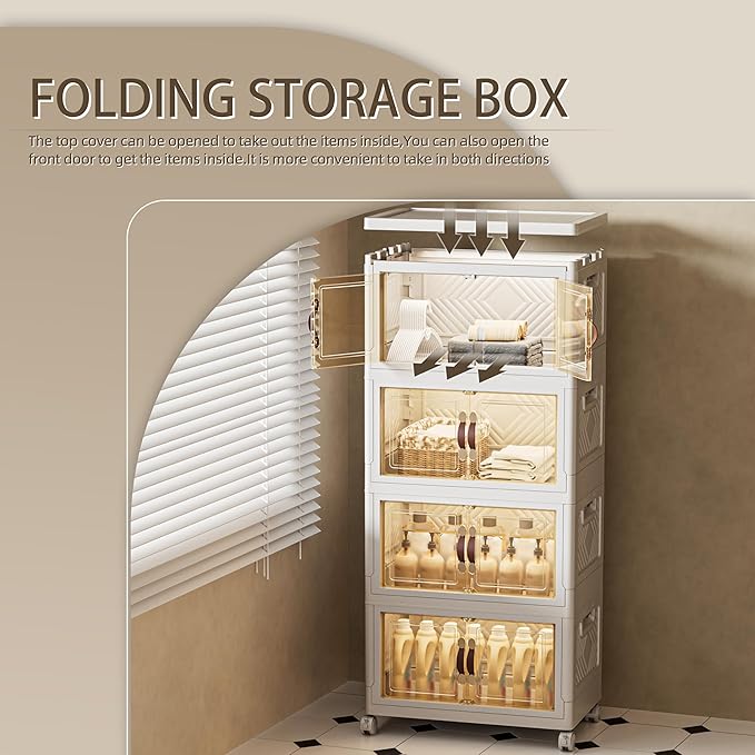 144 QT / 36 Gal Stackable Storage Bins (1 Lid) w/Wheels & Magnetic Doors, Collapsible Plastic Organizer Cabinet for Closet Office Garage - White Storage Containers-NeatNest