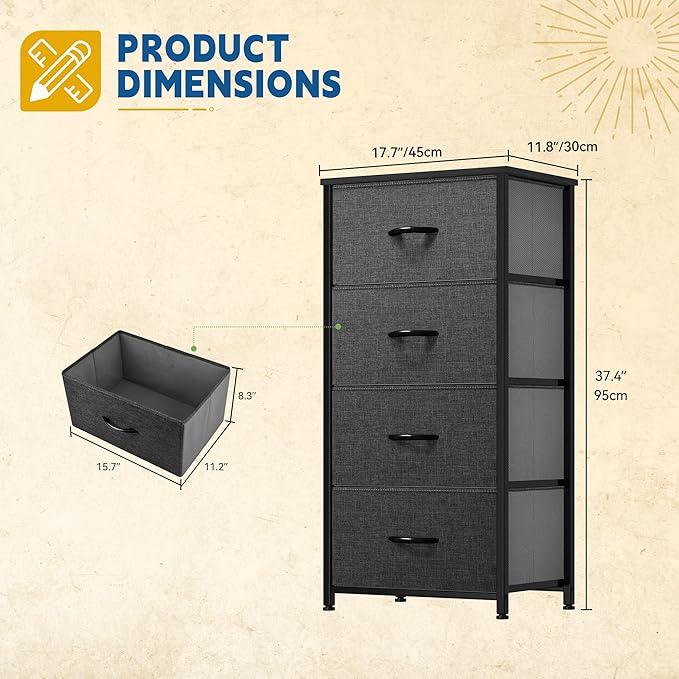 DWVO Storage Tower with 4 Drawers - Fabric Dresser, Organizer Unit for Bedroom, Living Room, Closets - Sturdy Steel Frame, Easy Pull Fabric Bins & Wooden Top-NeatNest