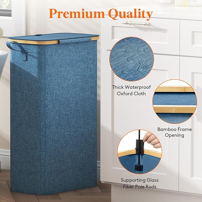 Lifewit 75L Slim Laundry Hamper with Lid, Narrow Laundry Basket with Removable Bag & Bamboo Handles, Fodable Thin Dirty Clothes Hamper for Laundry Collapsible Bin for Bathroom Bedroom Dorm, Dark Blue-NeatNest