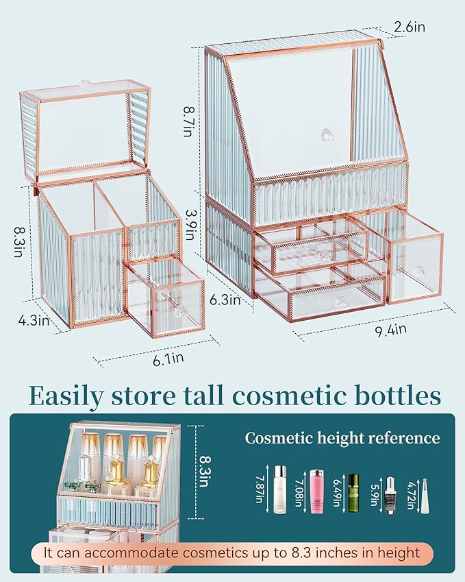Glass Makeup Organizer - Multi-Functional 3-in-1 Cosmetic Organizer for Skincare, Lipstick, Brushes - Vanity Organizer & Bathroom Organizer