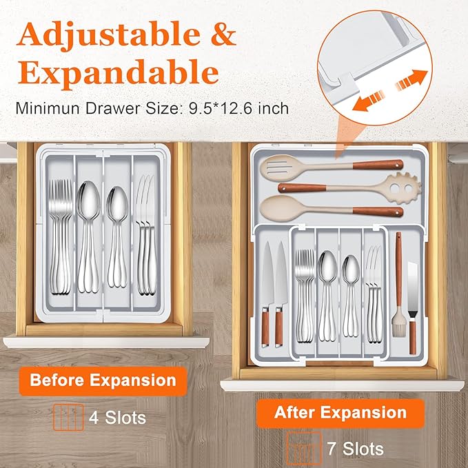 Expandable Silverware Drawer Organizer BPA Free Cutlery Organizer Small Utensil Organizer for Kitchen Drawers Adjustable Spoons Forks Knives Storage Divider, Gray-NeatNest