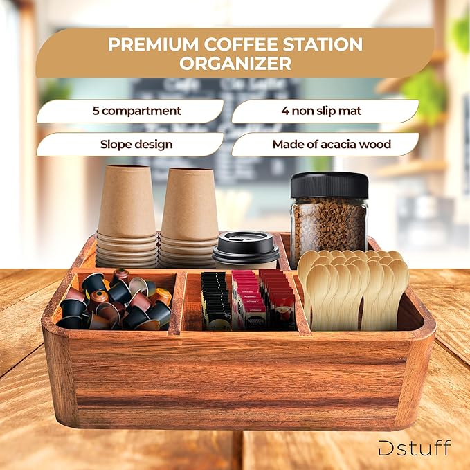 Dstuff Acacia Wood Coffee Station Organizer for Countertop, Tea Organizer and Holder, Coffee Bar Caddy with Multiple Compartments for Home and Office Decor-NeatNest