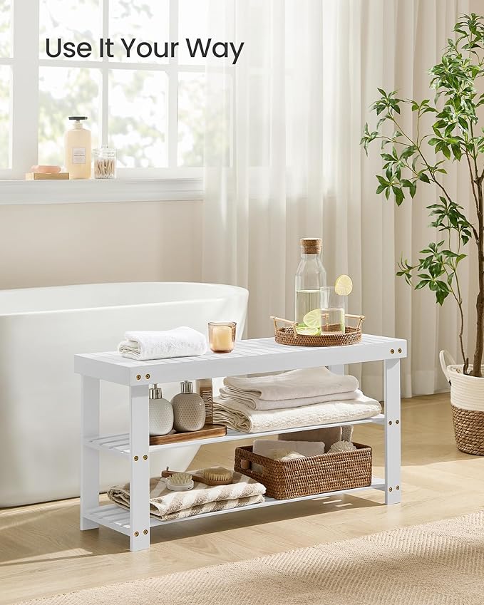 SONGMICS Shoe Rack Bench, 3-Tier Bamboo Shoe Storage Organizer, Entryway Bench, Holds Up to 286 lb, 11.3 x 35.4 x 17.8 Inches, for Entryway Bathroom Bedroom, Cloud White ULBS090W01-NeatNest