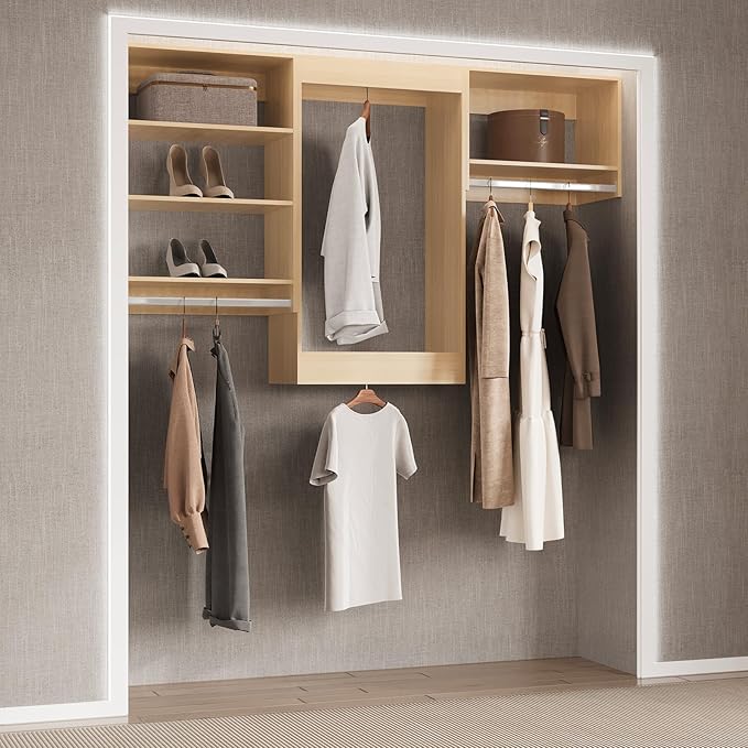 Double Hanging Closet Unit, Modular System Organizer With Storage for Walk In Closets, Clothing Rack Wardrobe for Hanging Clothes, Bedroom, Wood, 28.5"W
