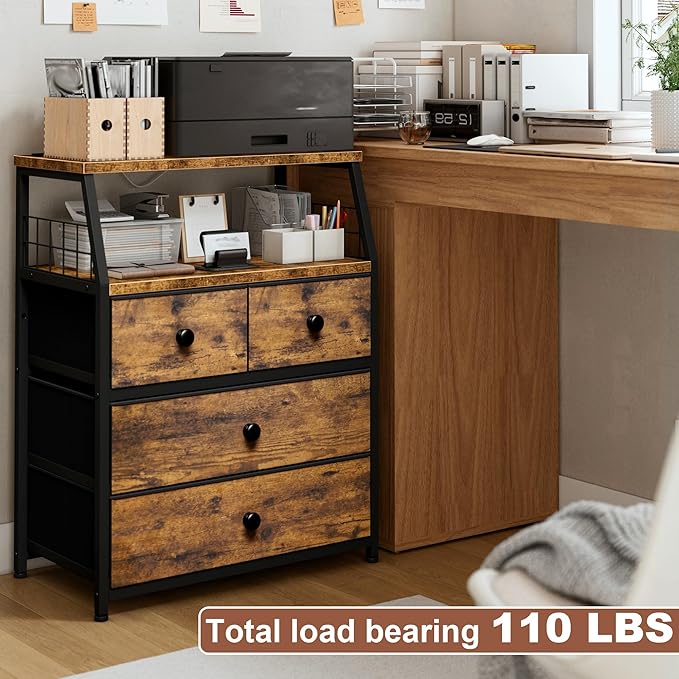EnHomee Nightstand with Charging Station & LED Lights, 21.8" W Bedside Table with 4 Fabric Drawers, Night Stand with Outlets and 2 Ports for Bedroom, Table with Wood Shelf, Rustic Brown