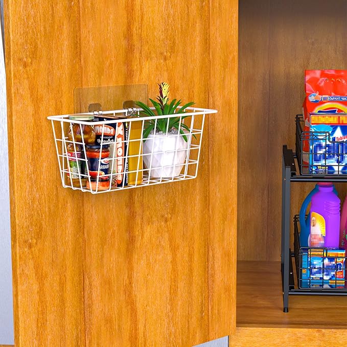 MaraFansie Wall Wire Baskets Bin No Drilling Adhesive Hanging Baskets Wall Mounted for Cabinet & Pantry Organization and Kitchen, Bathroom, Bedroom Storage, 2 Pack, White-NeatNest