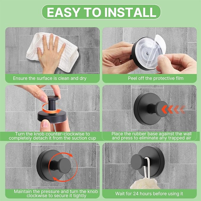 Black Waterproof Suction Cup Hooks, 2-Pack Heavy Duty Stainless Steel No Drill Shower Hooks for Hanging Towels, Robes, Loofahs, Holder Holds Strong on Tile, Glass, Mirror, Wall, Bathroom Door-NeatNest