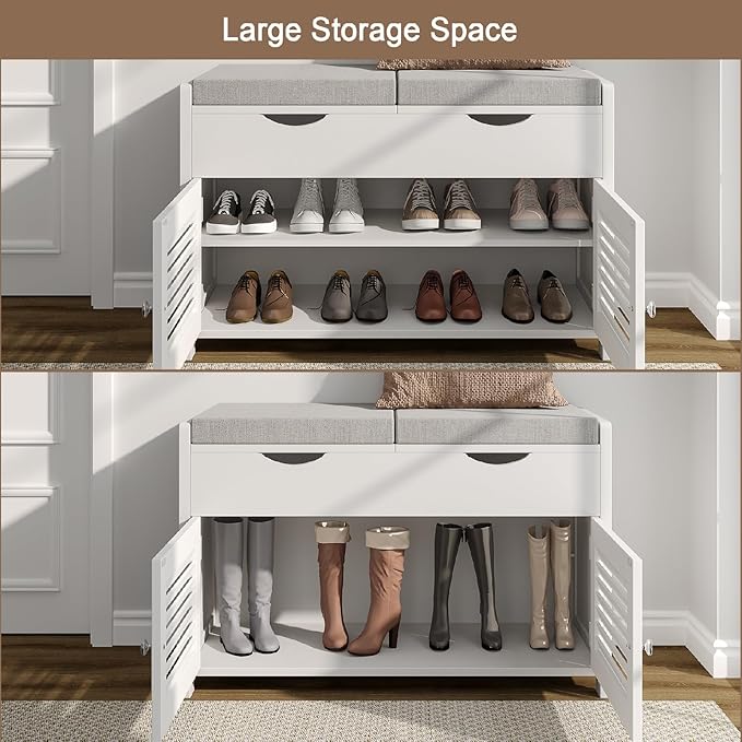 ChooChoo Shoe Storage Bench with Lift Top Storage, Entryway Bench with 2 Cushioned Seats, 3 Compartments, Adjustable Shelf, Shoe Cabinet for Entryway, Bedroom, Living Room, White-NeatNest