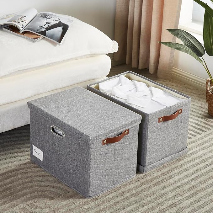 17" Large Collapsible Storage Bins with Lids, Stackable Closet Organizers with PU Handle and Labels, 3-Pack Decorative Fabric Storage Boxes for Home, Bedroom, Closet, Office, Nursery(Gray)-NeatNest