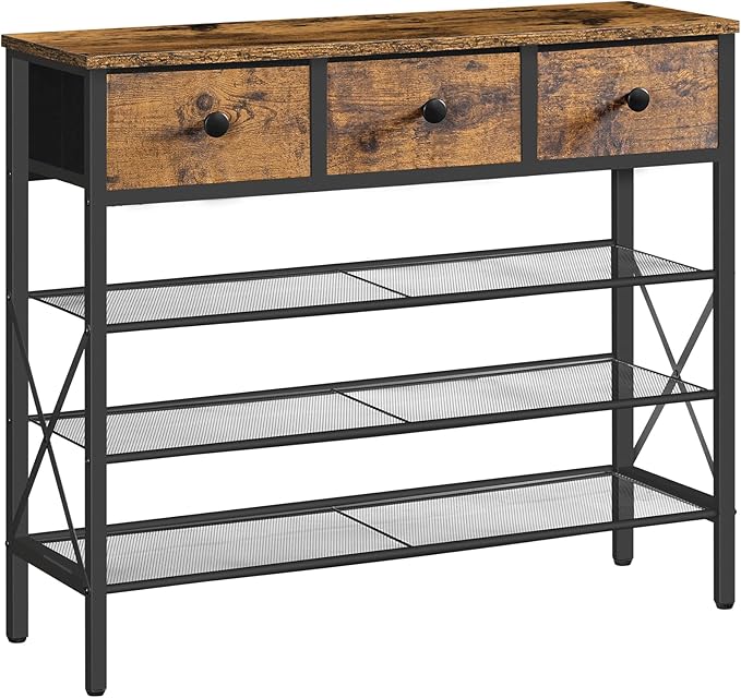 4-Tier Shoe Rack with 3 Drawers, Metal Shoe Organizer for 15 Pairs with Storage Shelves and Wooden Top, for Entryway, Hallway, Foyer, Closet, Rustic Brown and Black SS34BR-NeatNest