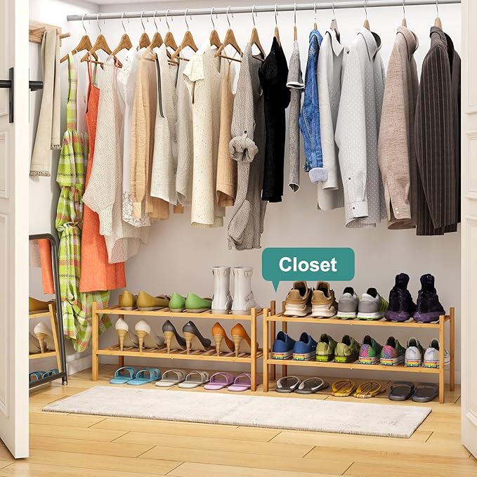 2-Tier Bamboo Shoe Rack for Entryway, Bamboo Wood Shoe Organizer for Hallway Closet, Free Standing Shoe Racks for Indoor Outdoor-NeatNest