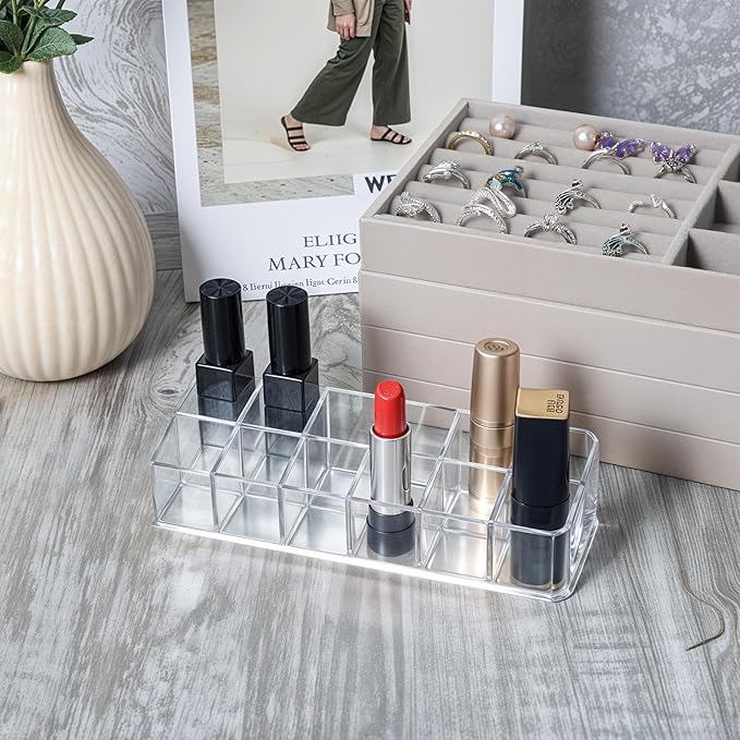 4-Pack 12-Slot Acrylic Lipstick Organizer, Lipstick Holder, Lip Gloss Organizer, Cosmetic Storage Display, Perfect Storage Solution for Drawer, Vanity, Bathroom, and More-NeatNest