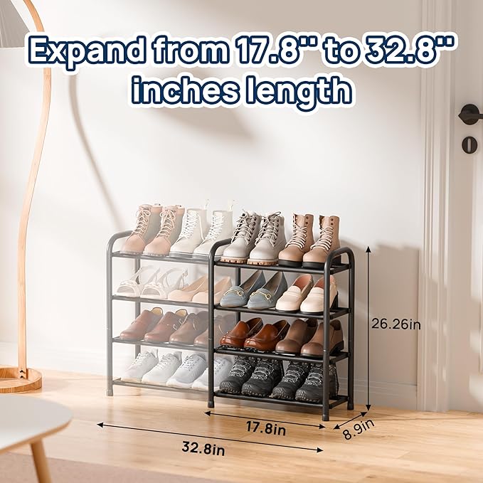 ENJOYBASICS Expandable Shoe Rack, 4 Tier Adjustable Shoe Organizer Shelf for Closet, Black Metal Free Standing Shoe Rack Storage for Small Space, Entryway-NeatNest
