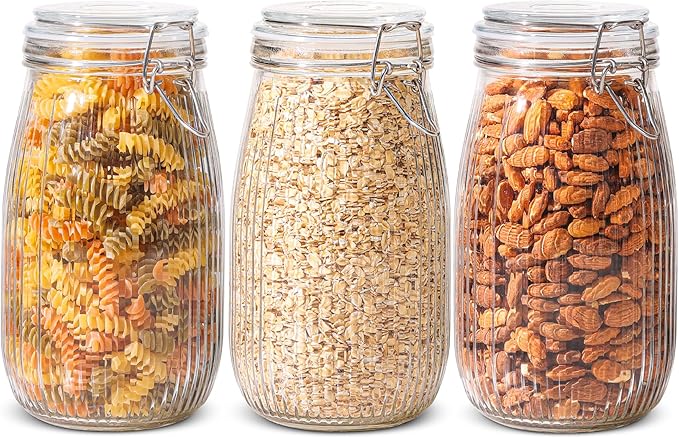 ComSaf Airtight Glass jar with lid 51oz Set of 3, Glass Storage Containers with Lids, Large Glass Canister, Striped Clip Fastening Jar for for Canning, Flour, Pasta,Coffee Beans, Cereal, Rice, Pickle-NeatNest