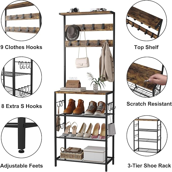 HOMEFORT Coat Rack with Shoe Storage, 5-Tier Shoe and Coat Rack with 9 Clothes Hooks, Freestanding Hall Tree Organizer for Entryway, Bedroom, Rustic Brown