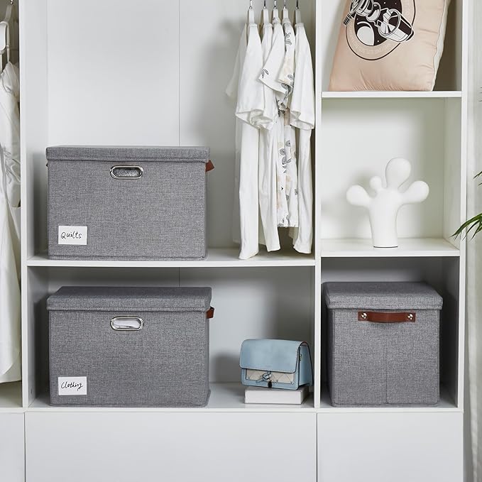 17" Large Collapsible Storage Bins with Lids, Stackable Closet Organizers with PU Handle and Labels, 3-Pack Decorative Fabric Storage Boxes for Home, Bedroom, Closet, Office, Nursery(Gray)-NeatNest