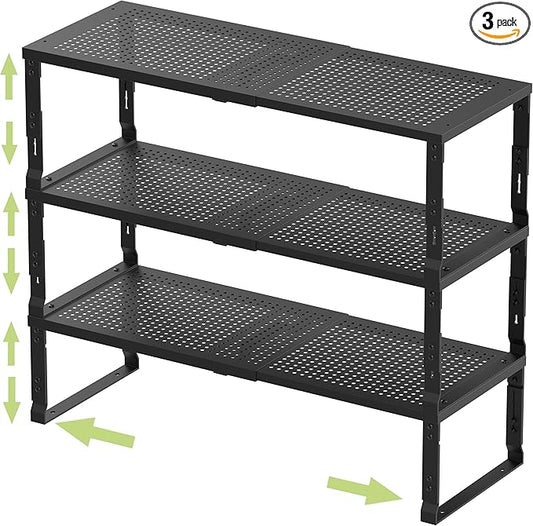 Adjustable Expanable Stackable Spice Rack Shelf Pantry Storage Organizer for Kitchen Cabinet,Countertop,Bathroom and more.Space is no longer limited(3Packs/Black/Large)-NeatNest