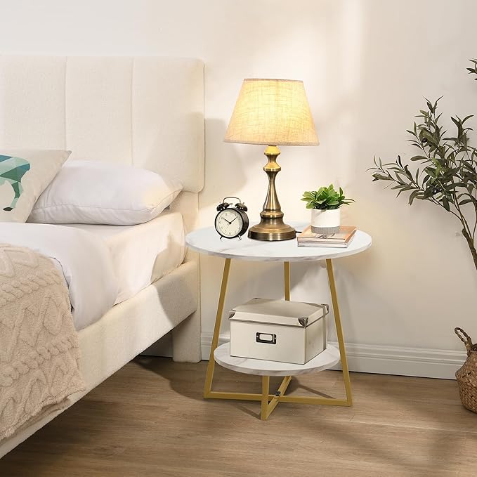 D&H FURNIMMT 20" Living Room Side Table Set of 2 for Small Spaces, 2 Tier Wood Top Round End Tables with Storage Shelf, Accent Sofa Table for Bedroom, Office, Sunroom, Balcony, White Faux Marble/Gold-NeatNest