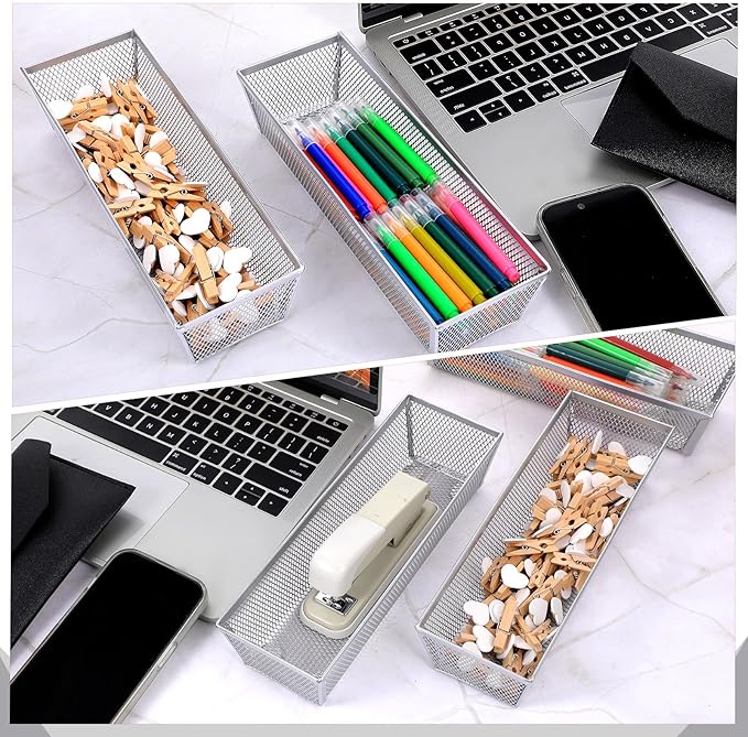 6 Pack Silverware Organizer, Mesh Small Utensil Drawer Organizer Silverware Holder for Kitchen Drawer, Metal Narrow Cutlery Drawer Organizer for Flatware, Knives, Spoons Storage 3x9x2 Inch-NeatNest