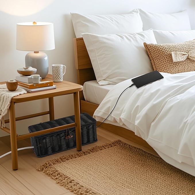Cable Management Box, Handwoven Faux Rattan Cord Organizer Box with Lid, 2 Open Slots Cable Organizer Box, Decorative Cord Hider Box for Tv Computer USB Hub & Power Strip Holder