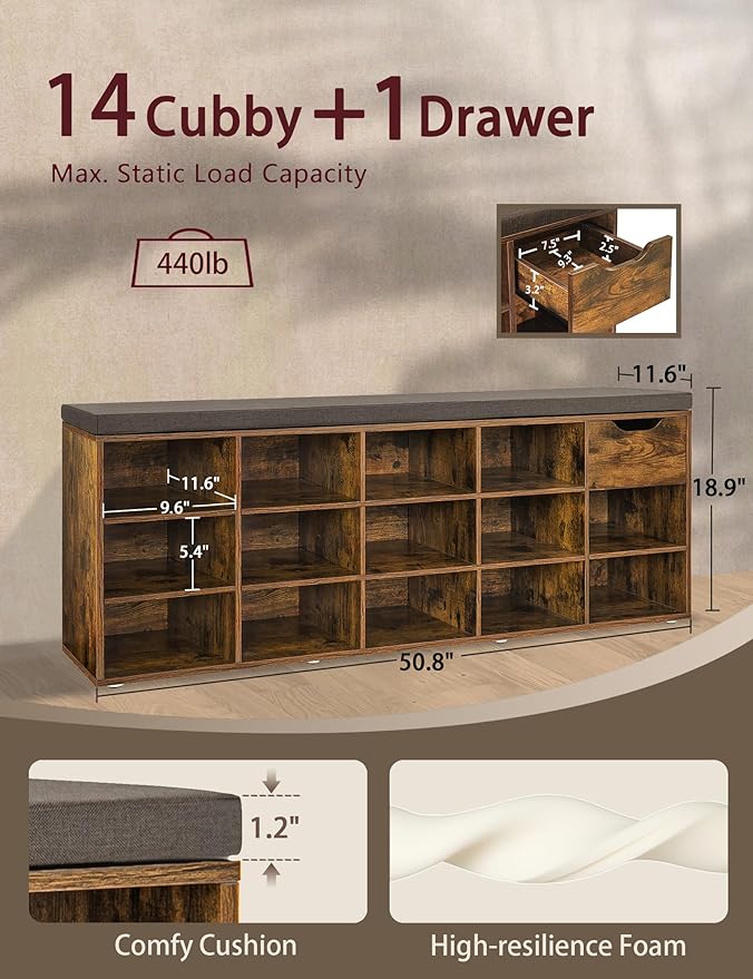 DINZI LVJ Shoe Bench, Entryway Storage Bench with Drawer and 14 Cubbies, Long Cubby Shoe Rack with Adjustable Shelves, Shoe Organizer for Living Room, Bedroom, Mudroom, Garage, Rustic Brown-NeatNest