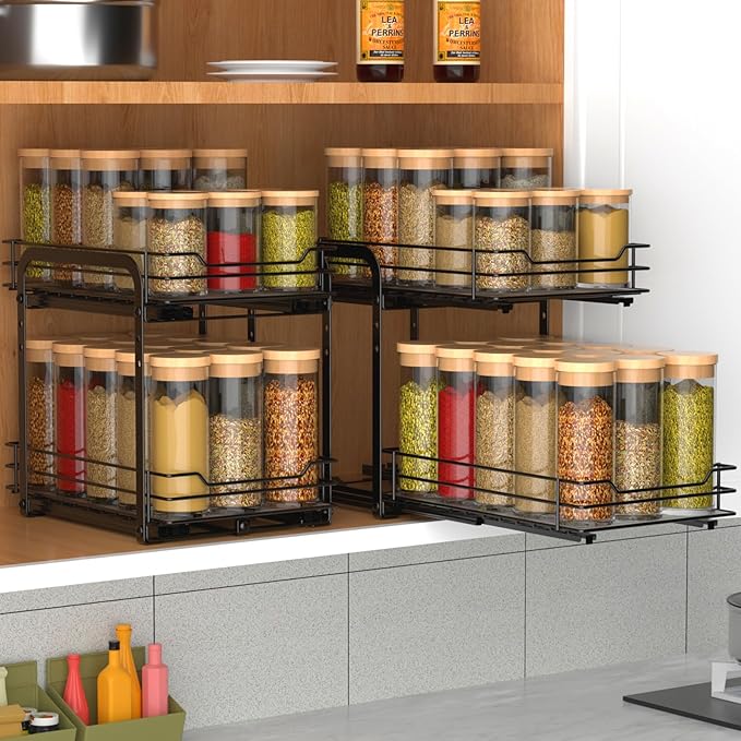 2-Tier Spice Rack, Pull Out Spice Racks Organizer for Cabinet, Height Adjustable Heavy Duty Metal Basket for Inside Cabinets & Pantry Closet (7.5''Wx10.5''Dx9.5''H)-NeatNest