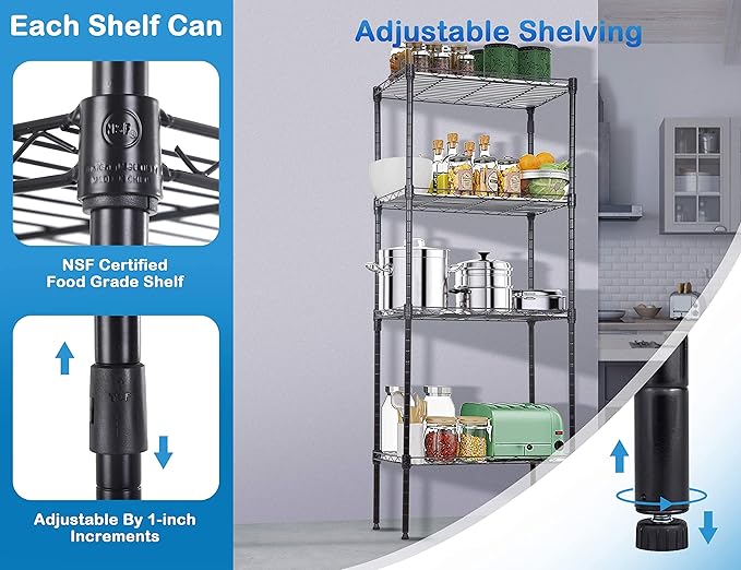 4-Tier Metal Wire Shelving Unit Kitchen Shelf Organizer Height Adjustable Storage Rack Utility Snack Shelf, NSF Certified Storage Shelves for Laundry Bathroom Kitchen Pantry Organization-NeatNest