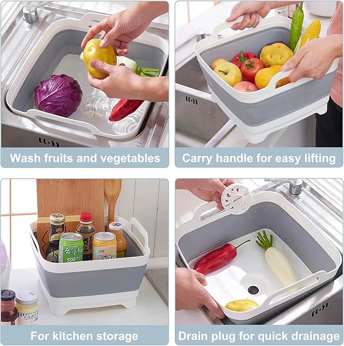 2.4 Gal(9L) Collapsible Dish Basin with Drain Plug, Space Saving Outdoor Multiuse Foldable Sink Tub, Dishpan, Kitchen Storage Tray for Camping, Vegetable Washing, RV (Gray)-NeatNest