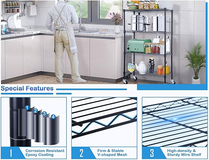 4-Tier Metal Wire Shelving Unit Kitchen Shelf Organizer Height Adjustable Storage Rack Utility Snack Shelf, NSF Certified Storage Shelves for Laundry Bathroom Kitchen Pantry Organization-NeatNest