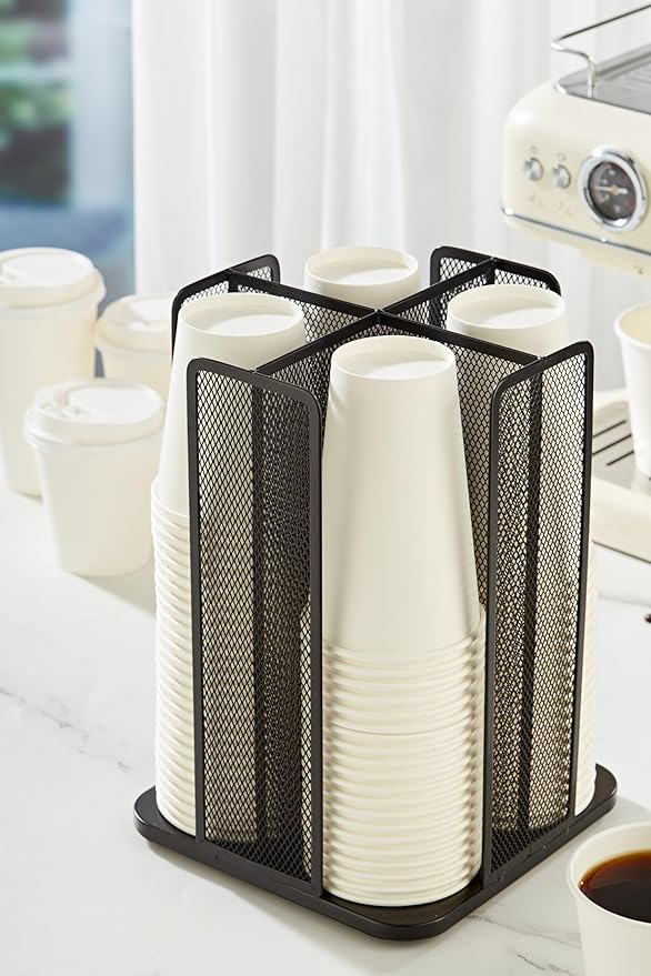 Annova Paper/Plastic Cup and Lid Holder Plastic Storage Organizer, 360°Rotating Coffee Cup Dispenser with 4 Compartments, Multifunctional Storage Rack for Home, Office, Bar, Coffee Shop (Black)-NeatNest