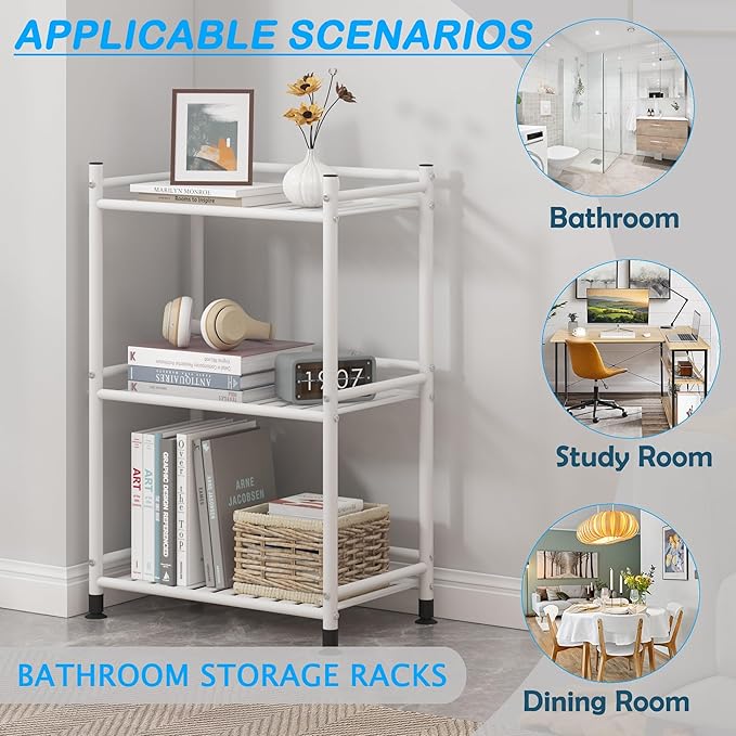 3 Tier Bathroom Storage Open Shelf Unit, Free-Standing Metal Corner Rack Shelving for Kitchen, Living Room, Hallway (White, Wider 3 Tier)-NeatNest